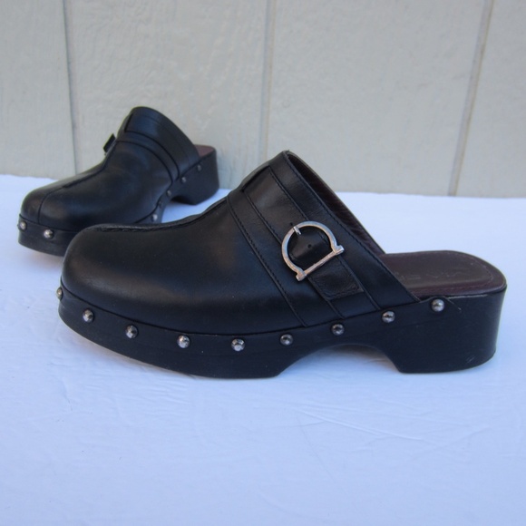 Via Spiga Mule Wedge Womens 5.5 black  Leather Slip on Clog Block Heel Italy Mad - Picture 1 of 11